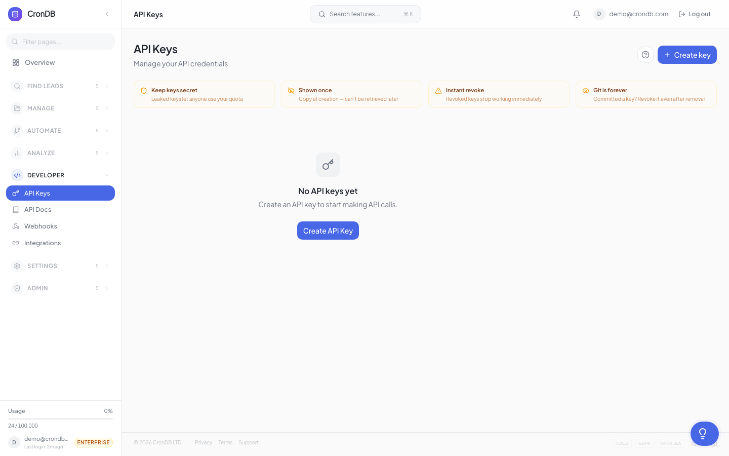 API keys page